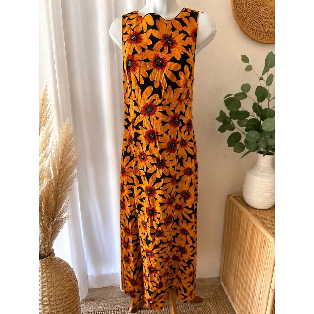 Spenser Jeremy Yellow Orange Dress Size 8 100% Silk Sunflower Floral Maxi Mod